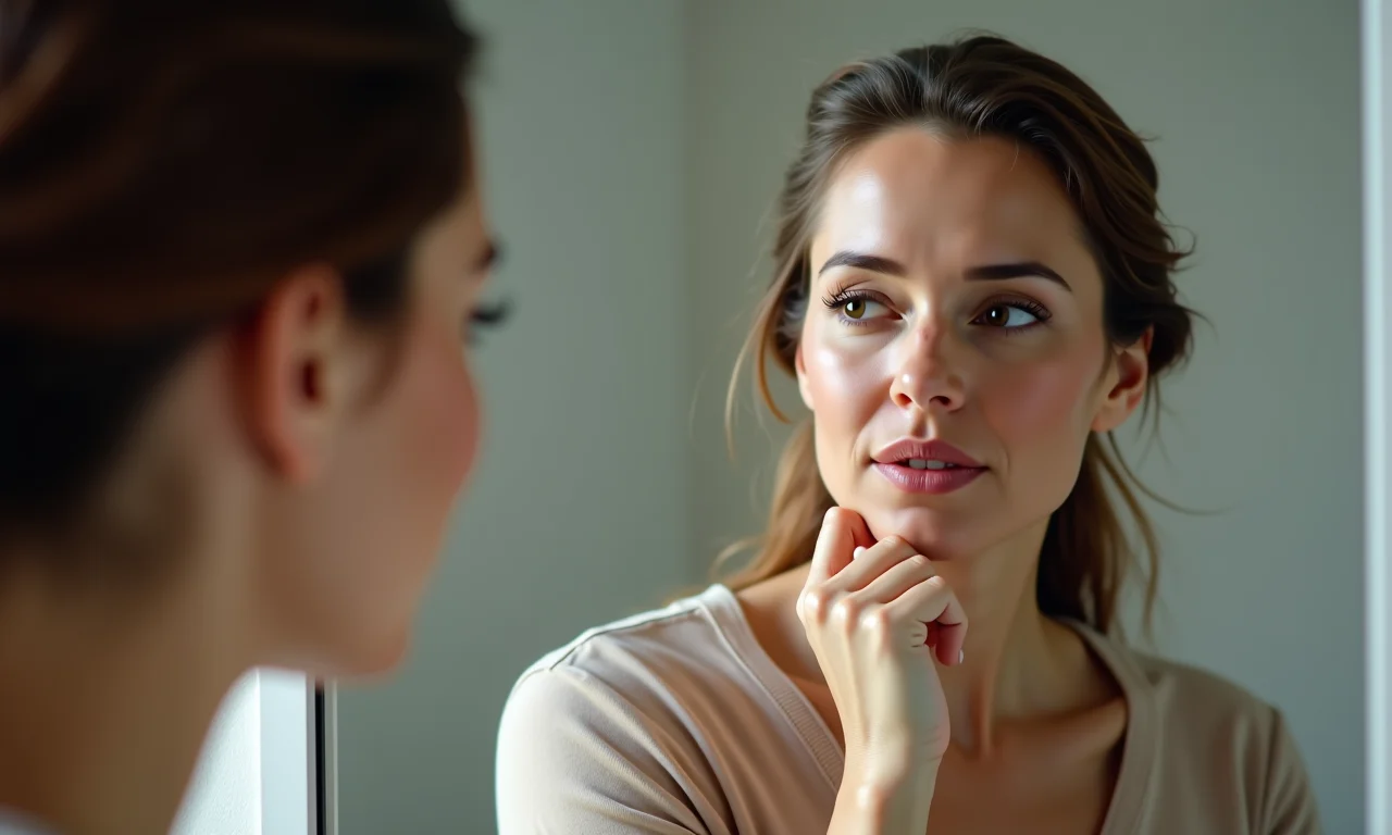 Mulher refletindo sobre a pressão estética aos 40 anos em frente ao espelho.