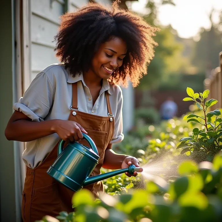 Mulher regando jardim vertical com cuidado.