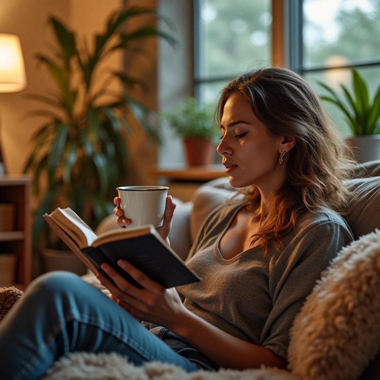 Mulher relaxa em casa com alpargatas e livro.