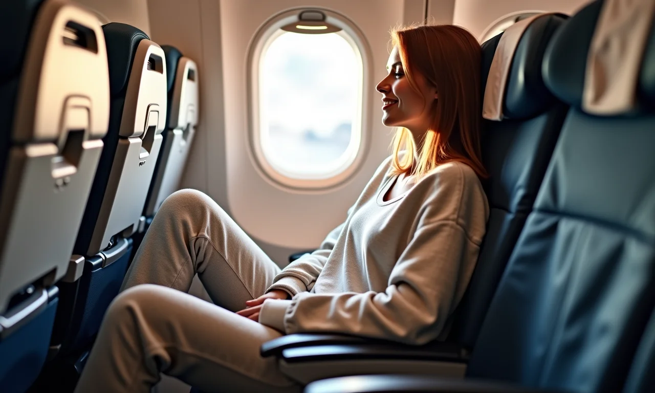 Mulher relaxada em voo vestindo roupa confortável: calça de moletom e blusa larga.