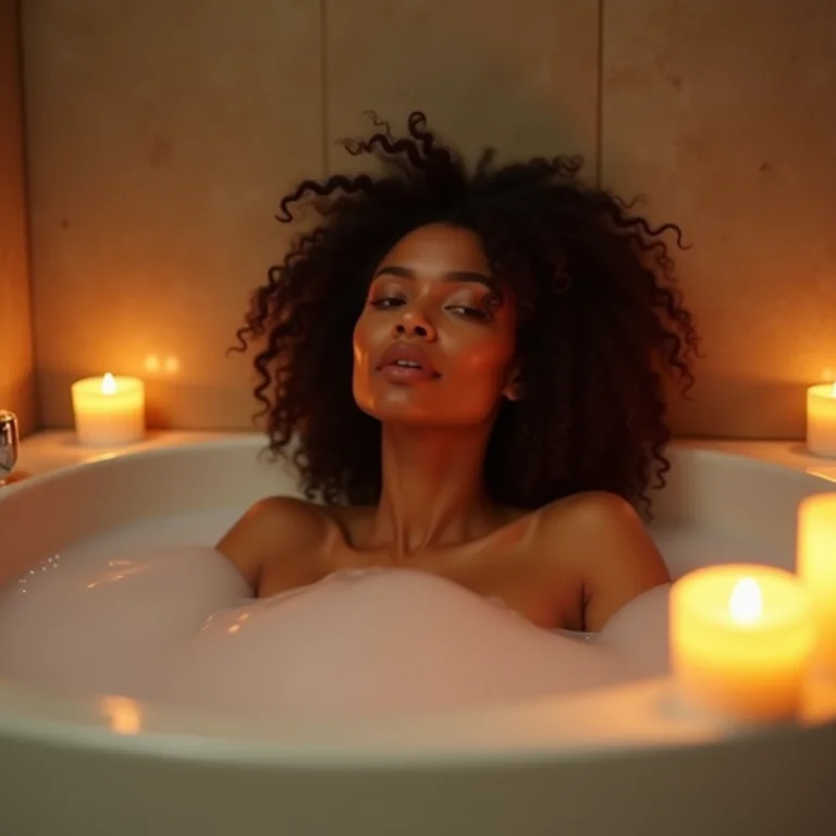 Mulher relaxando em banho de espuma com velas ao redor.