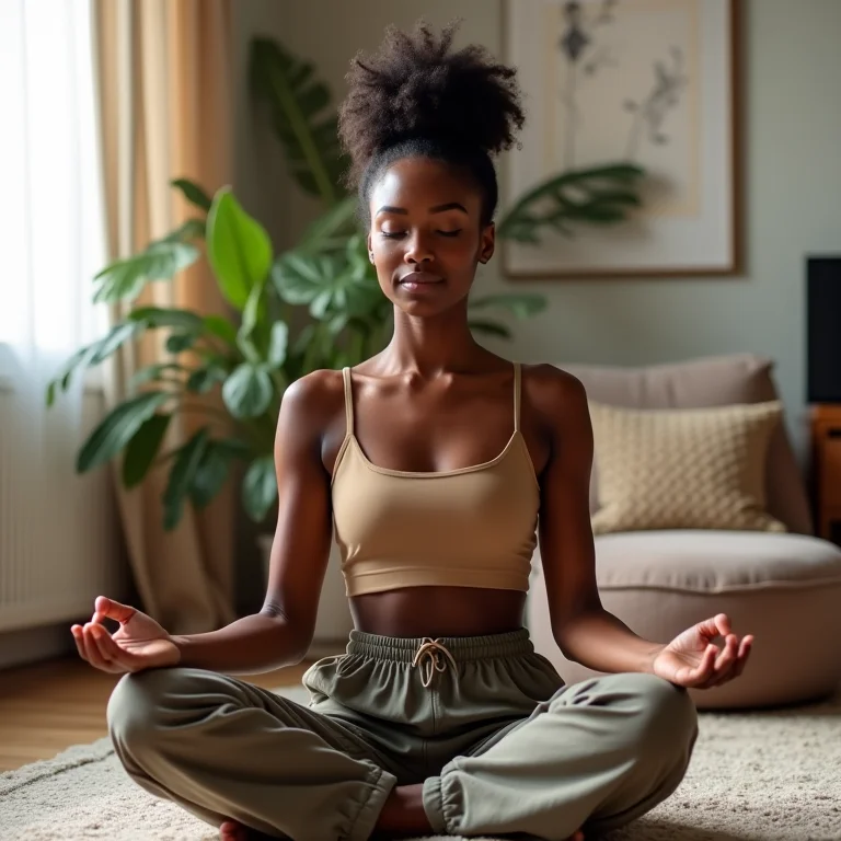 Mulher relaxando em casa com calça slouchy.