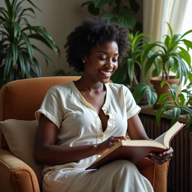 Mulher relaxando em casa com vestido de linho