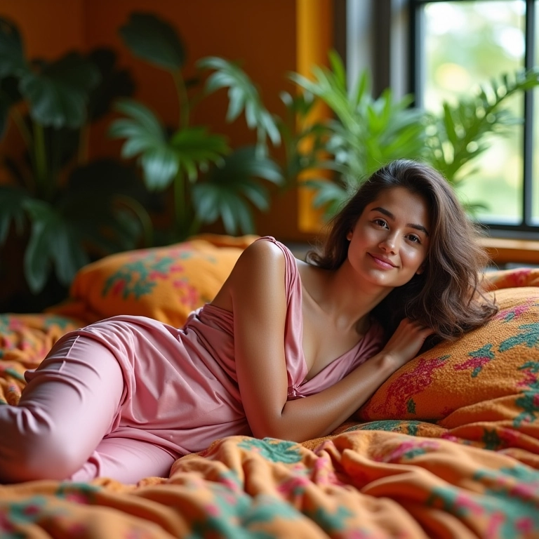 Mulher relaxando em pijamas de seda em cama colorida.