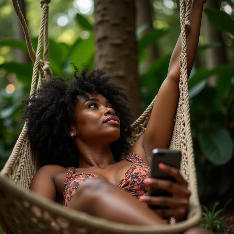 Mulher relaxando em rede com celular desligado.