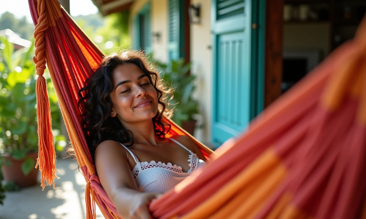 Mulher relaxando em rede de macramê colorida.
