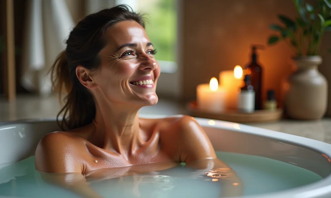 Mulher relaxando em um banho com óleos essenciais e velas, priorizando o autocuidado.
