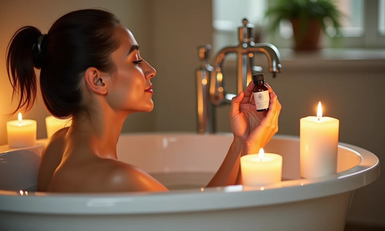 Mulher relaxando em um banho com óleos essenciais e velas, praticando autocuidado.
