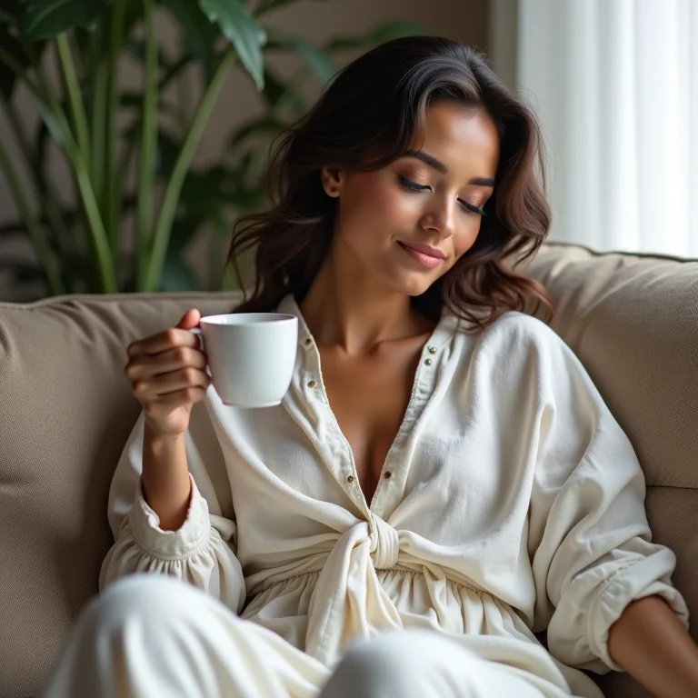 Mulher relaxando em um sofá com roupas de linho confortáveis