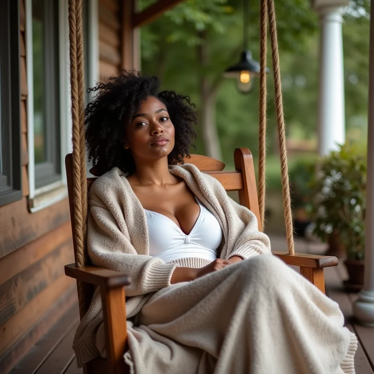 Mulher relaxando em varanda de madeira com conforto térmico e acústico.