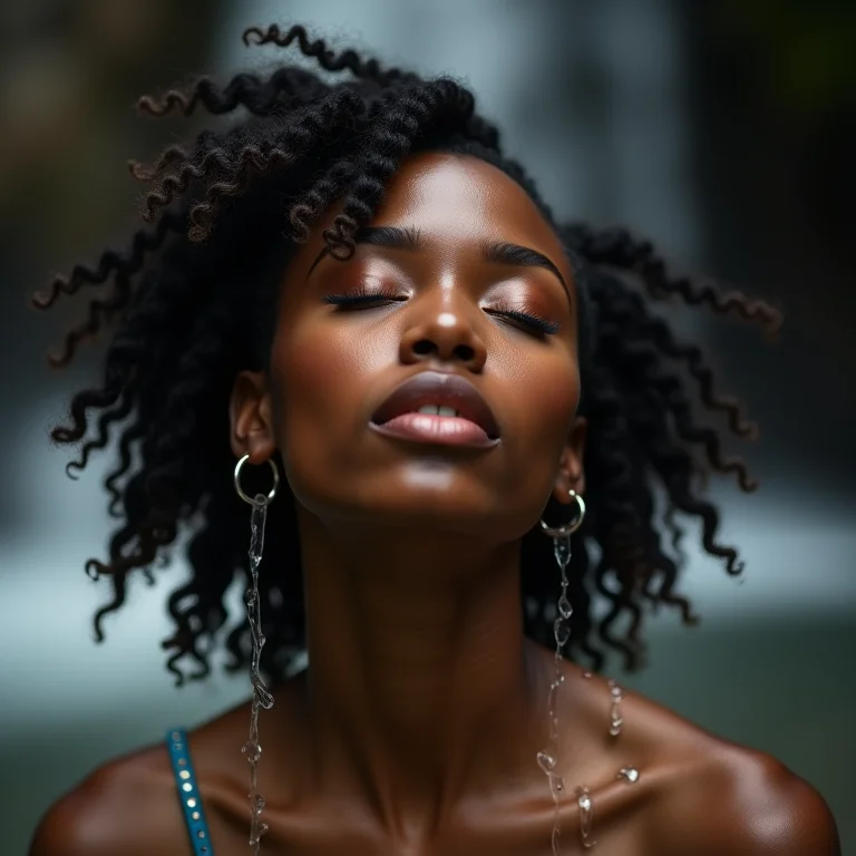 Mulher relaxando sob uma cachoeira, sentindo a água em seu rosto