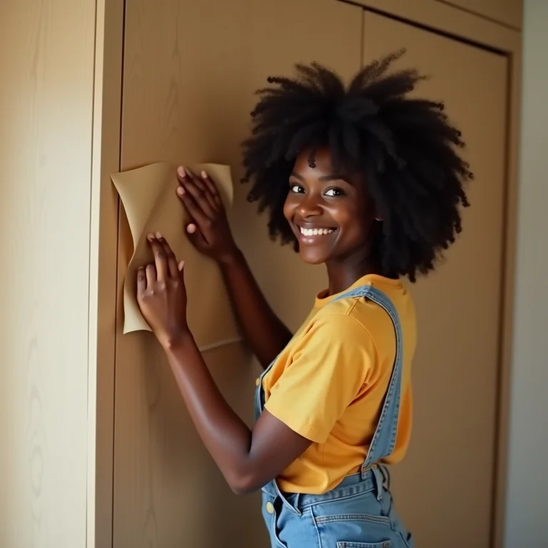 Mulher renovando guarda-roupa com papel contact