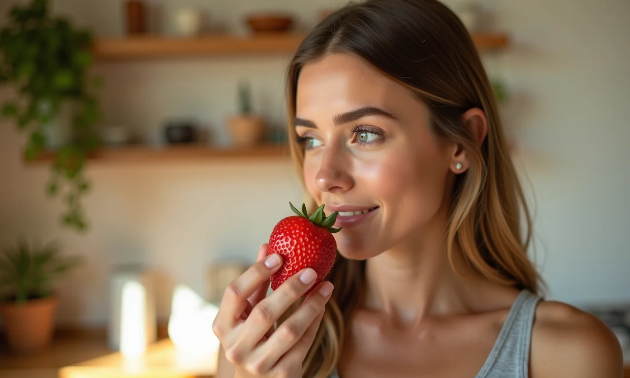 Mulher resistindo a doce e escolhendo fruta.