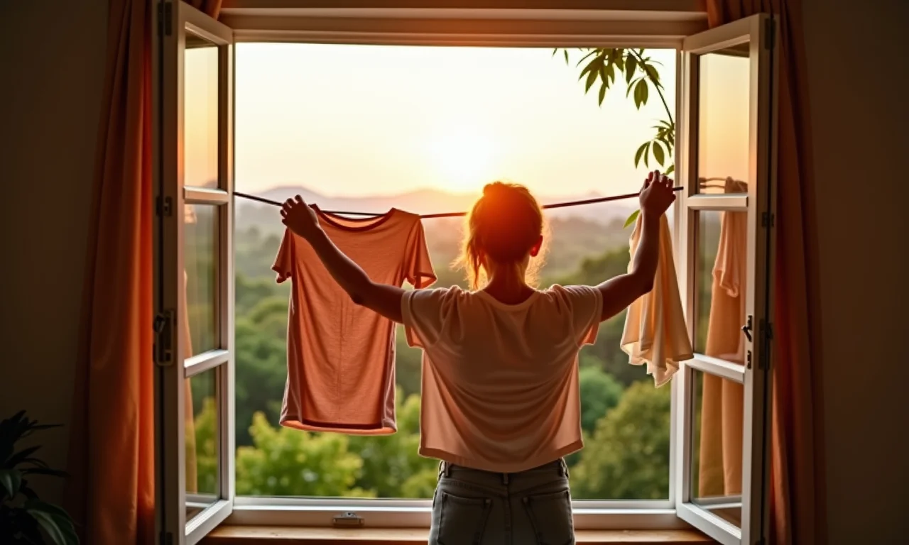Mulher retirando roupas ensolaradas do varal em dia ensolarado.
