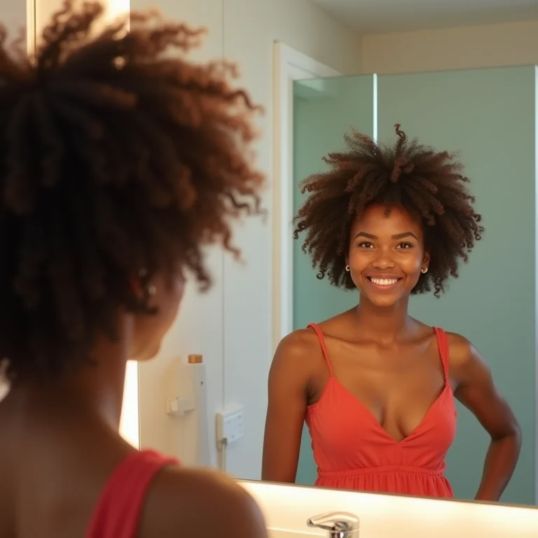 Mulher se admirando no espelho com um olhar confiante.