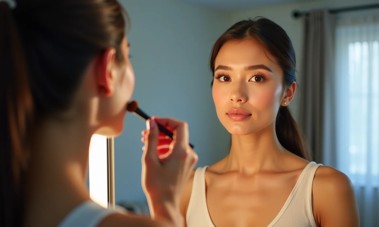 Mulher se maquiando em frente a espelho com iluminação frontal.