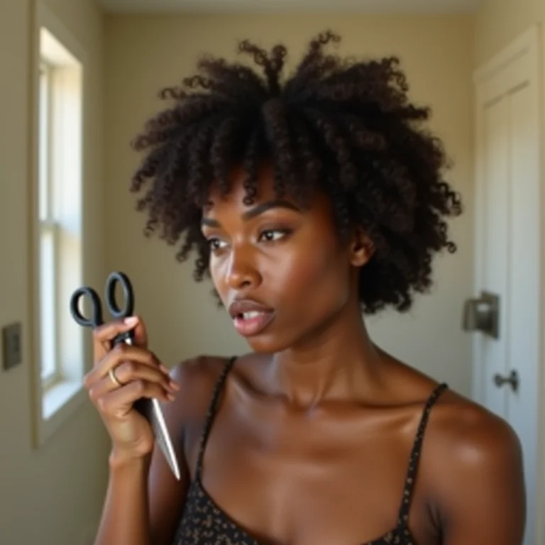 Mulher se preparando para o big chop em casa