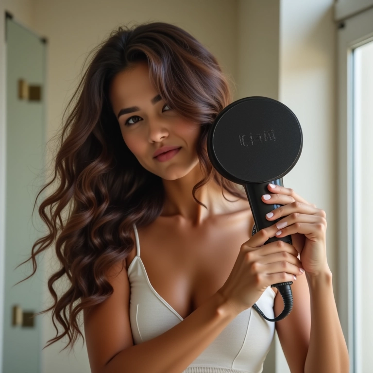 Mulher secando o cabelo ondulado com difusor em banheiro com decoração brasileira.