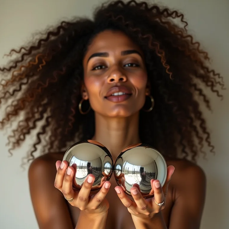 Mulher segurando duas esferas espelhadas, representando o signo de Gêmeos