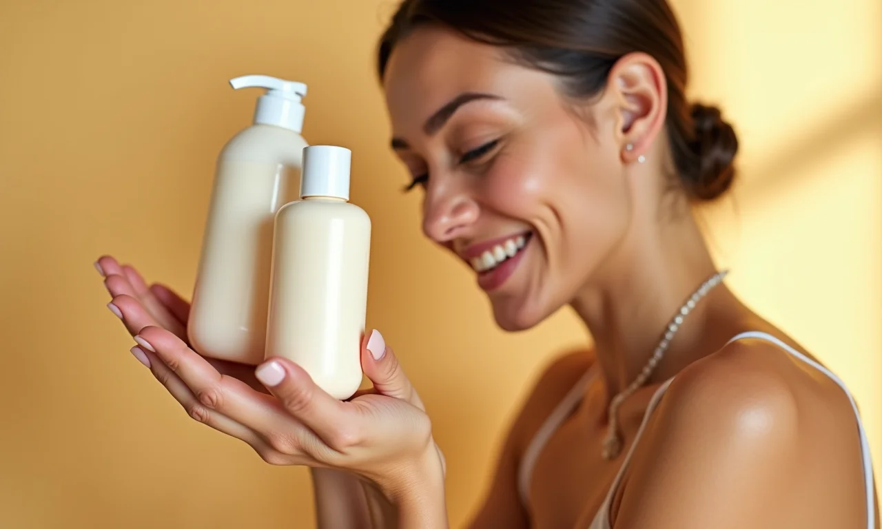 Mulher segurando protetor solar e shampoo, invista em produtos de qualidade.