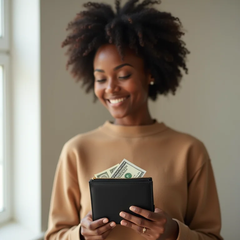 Mulher segurando uma carteira minimalista com dinheiro, planejando suas finanças.
