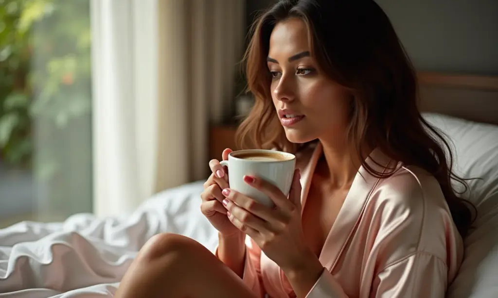 Mulher sensual tomando café em roupão de seda, representando o desejo feminino.