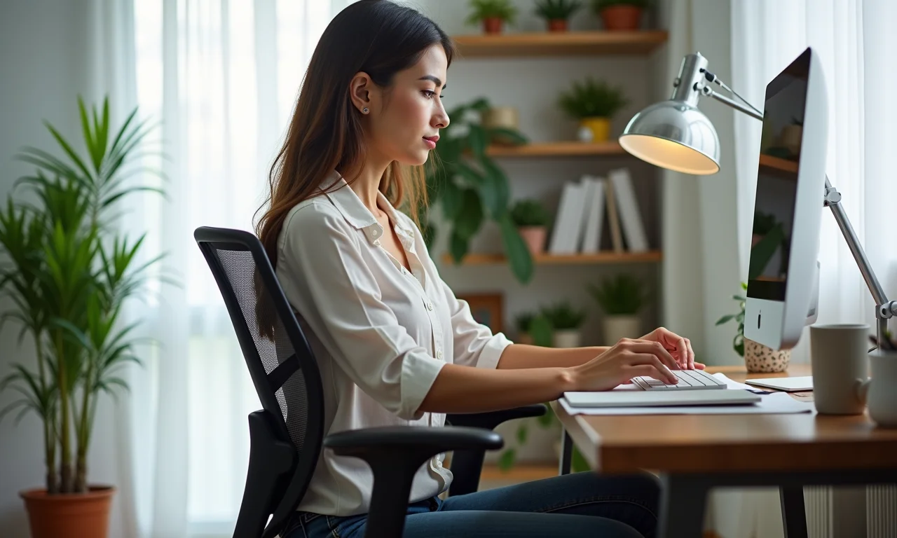 Mulher sentada em cadeira ergonômica.