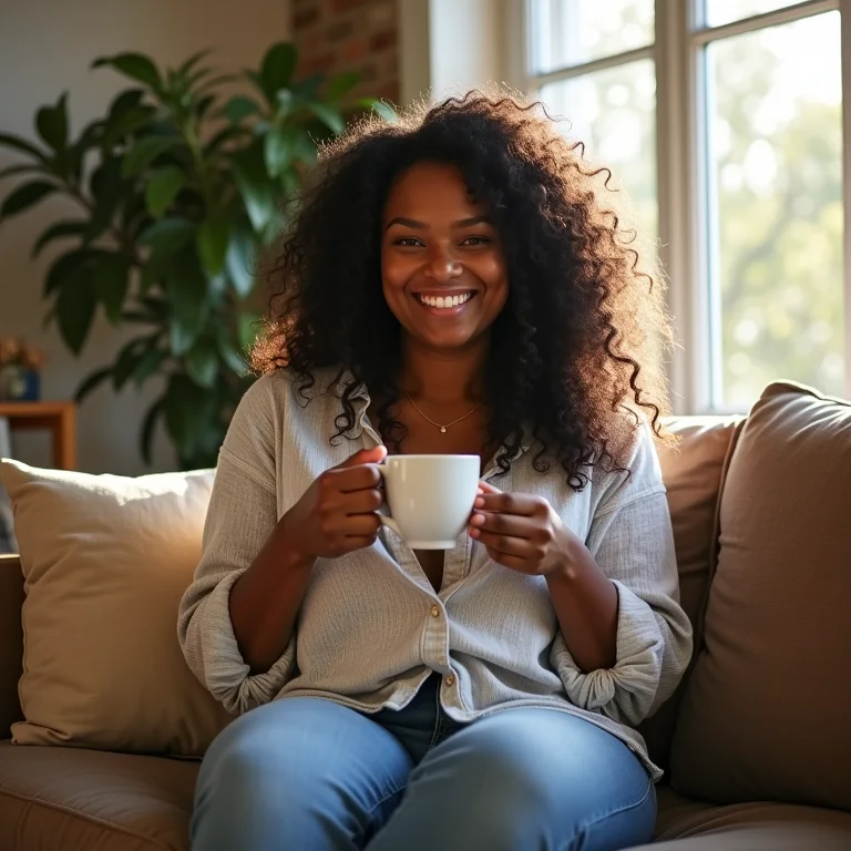 Mulher sentada em sofá feito de paletes de madeira recicladas.
