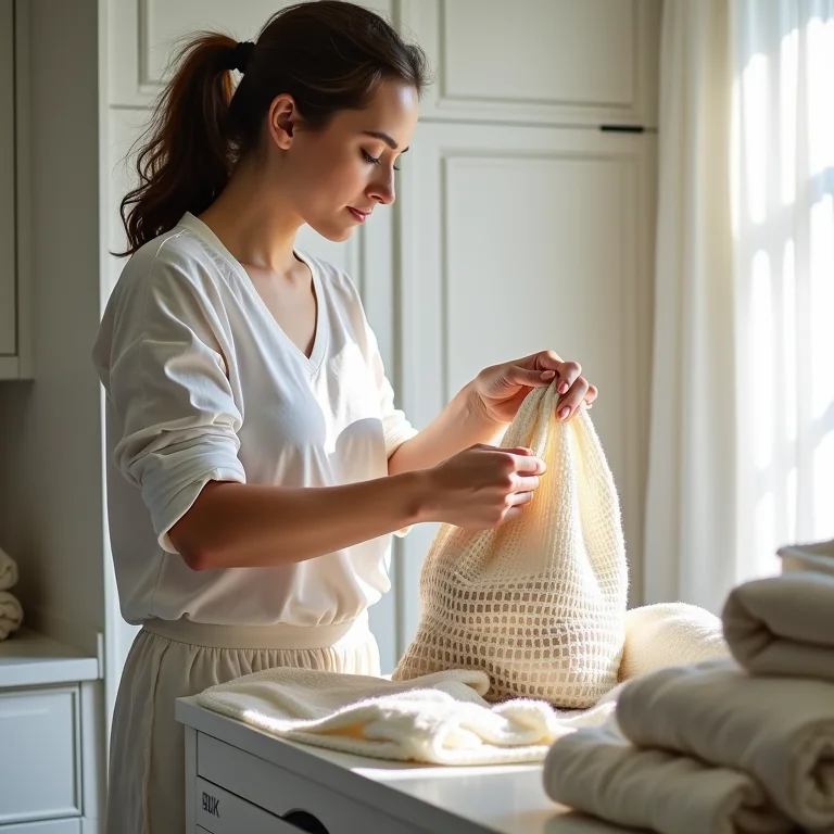 Mulher separando roupas para lavar com detergente ecológico, representando o cuidado na lavagem como prática sustentável.