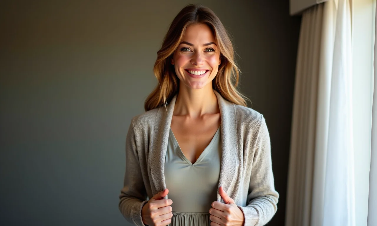 Mulher sobrepondo cardigan sobre vestido em look estiloso e alegre.