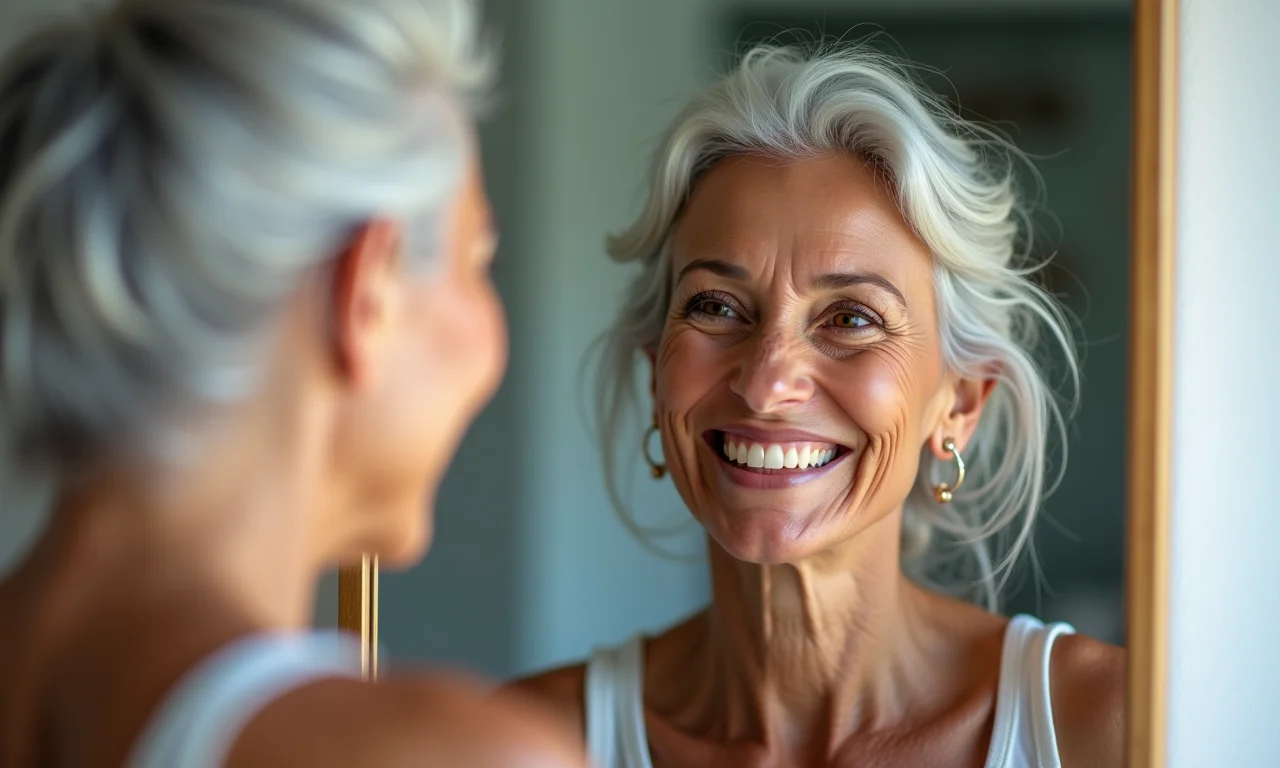 Mulher sorrindo ao admirar sua beleza natural com cabelos grisalhos.