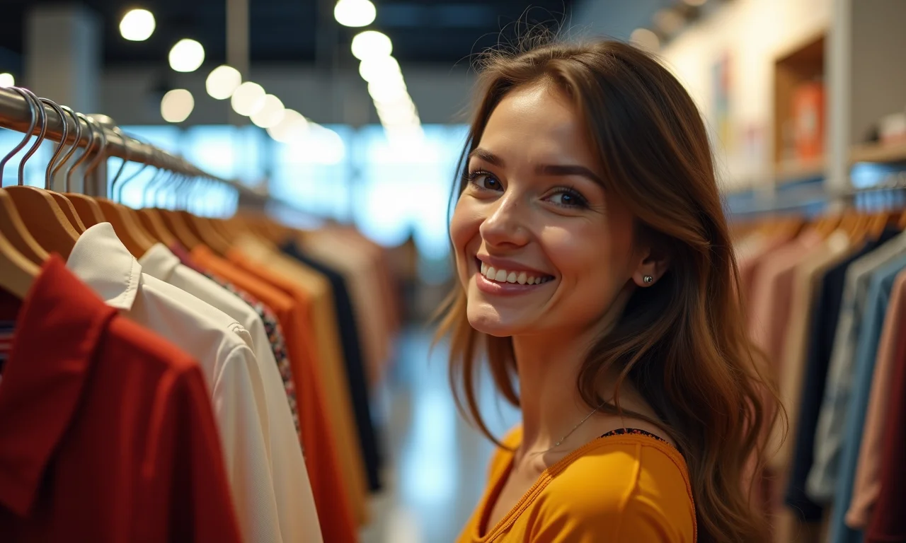Mulher sorrindo ao observar roupas em vitrine da Riachuelo, destacando as últimas tendências.