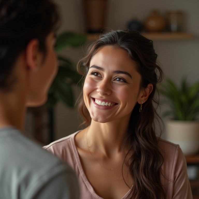 Mulher sorrindo ao receber elogio sincero do parceiro.