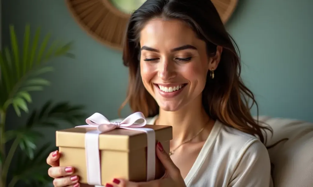 Presente de Moda para Mãe: Ideias Criativas que Vão Além do Óbvio (e Ela Vai AMAR!) Mulher sorrindo ao receber presente de moda sofisticado.