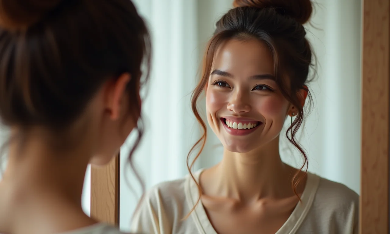 Mulher sorrindo ao se ver no espelho após consultoria online.