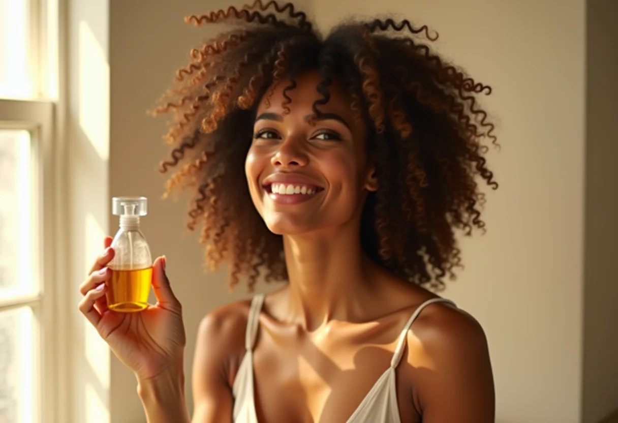 Mulher sorrindo aplicando óleo capilar em cabelo cacheado