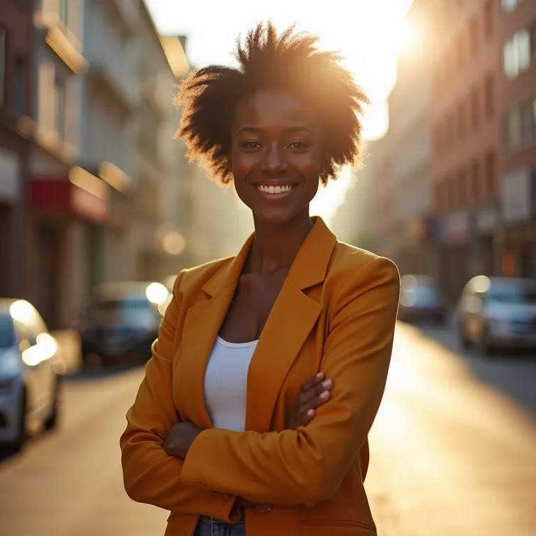 Mulher sorrindo com autoconfiança, representando mais autoconfiança