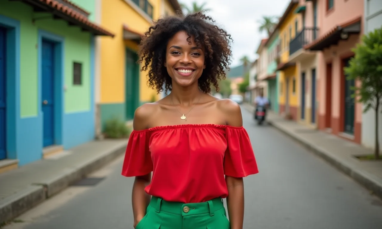 Mulher sorrindo com blusa vermelha e calça verde, contraste de cores complementares.