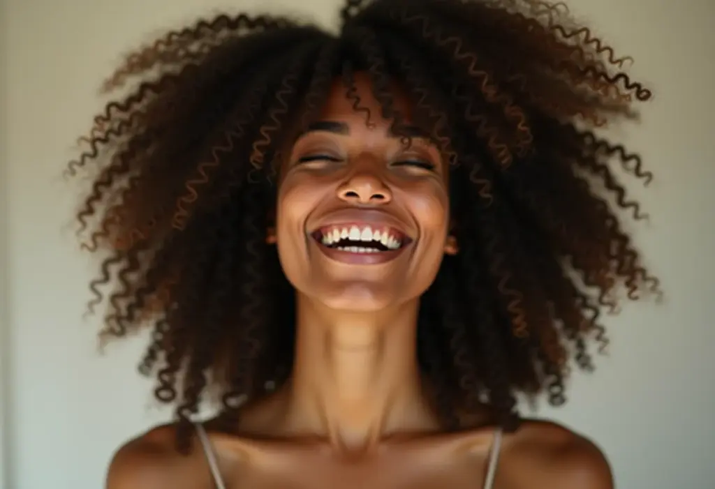 Condicionador sólido: o guia definitivo para saber se vale a pena Mulher sorrindo com cabelo cacheado saudável e brilhante, usando condicionador sólido