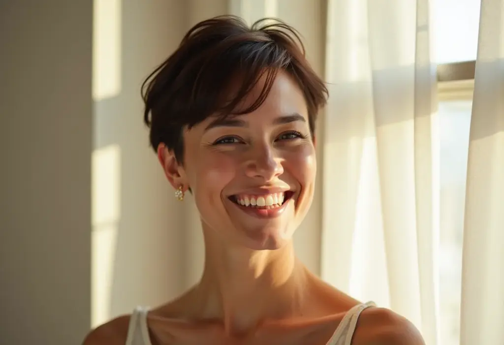 Mulher sorrindo com cabelo curto moderno e estiloso