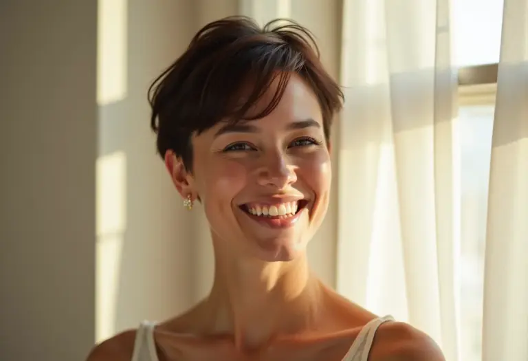 Mulher sorrindo com cabelo curto moderno e estiloso