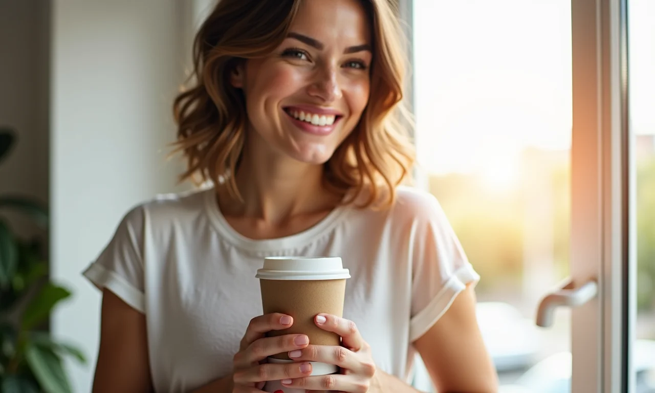 Mulher sorrindo com cabelo minimalista, economizando tempo e dinheiro.