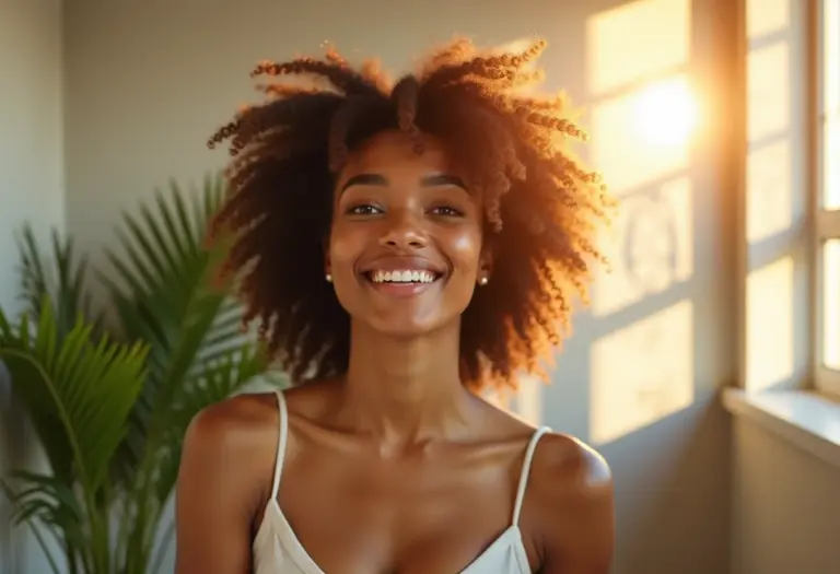 Mulher sorrindo com cabelo saudável e brilhante