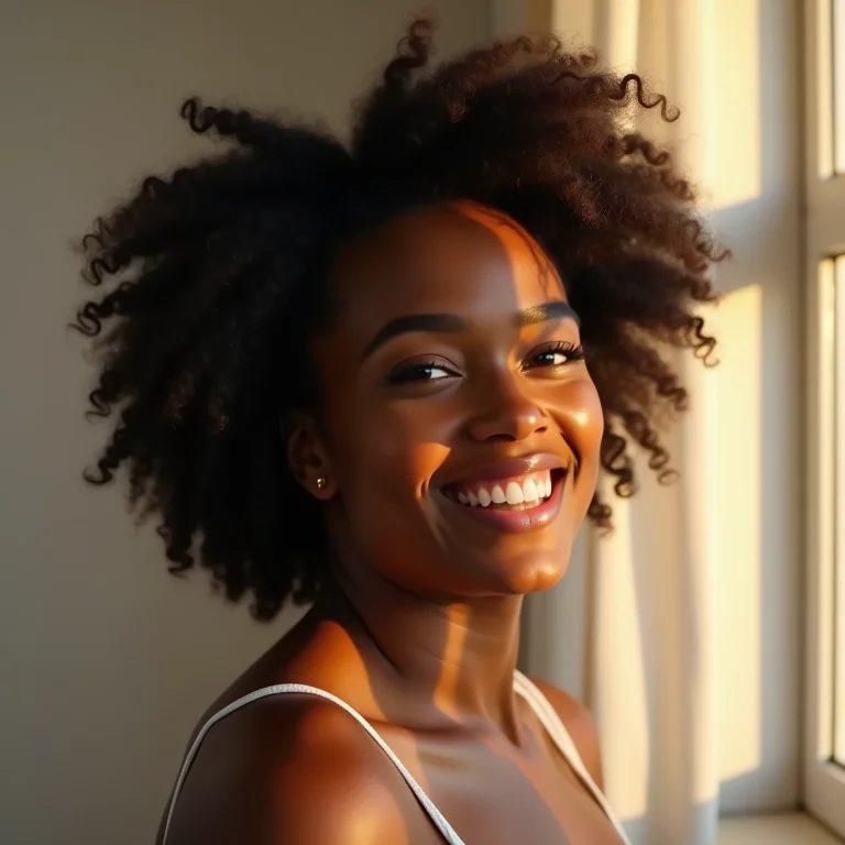 Mulher sorrindo com confiança, cabelo natural.