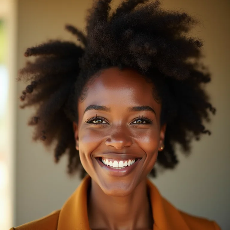 Mulher sorrindo com confiança em suas roupas favoritas