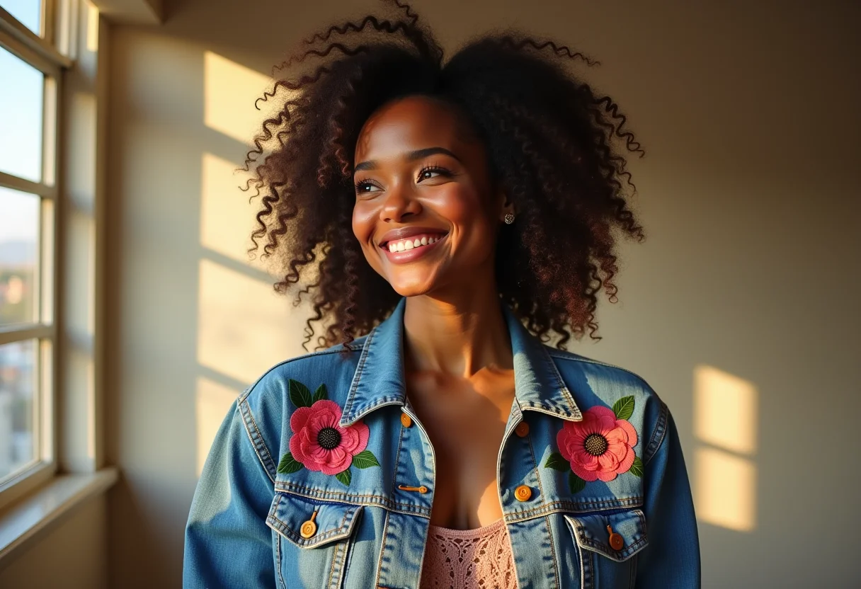 Mulher sorrindo com jaqueta jeans bordada