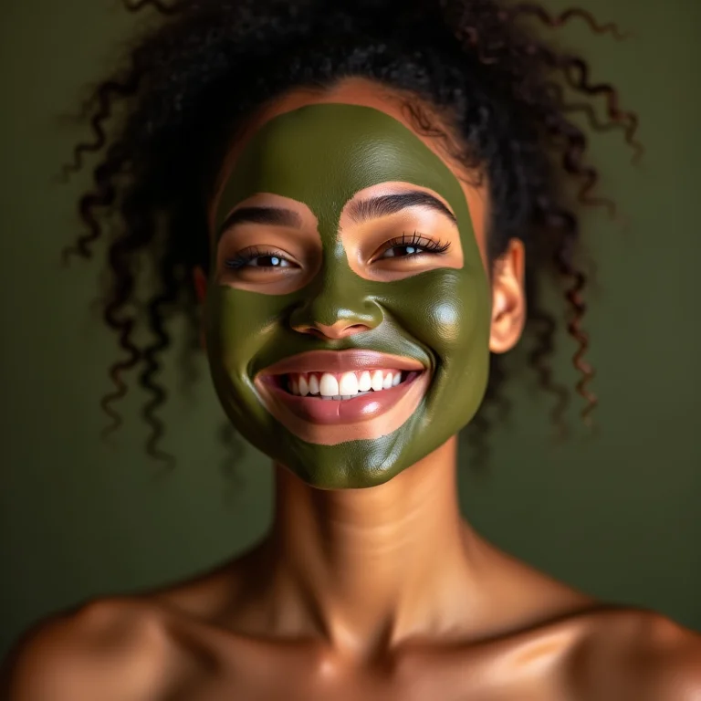Mulher sorrindo com máscara facial de abacate e cacau
