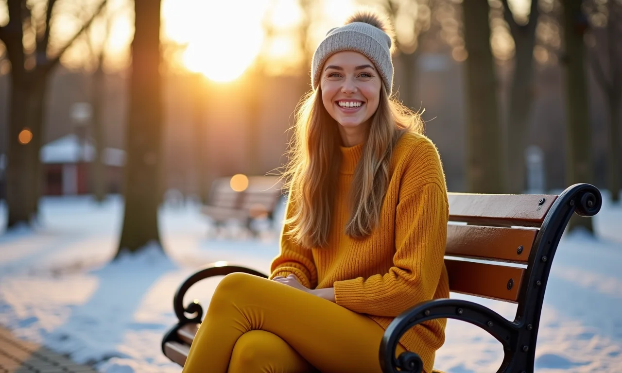 Mulher sorrindo com meia-calça amarela sentada em um banco de parque em dia ensolarado.