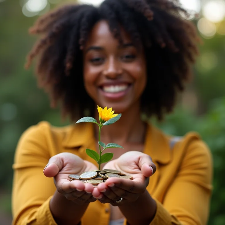 Mulher sorrindo com moedas e planta, simbolizando prosperidade.