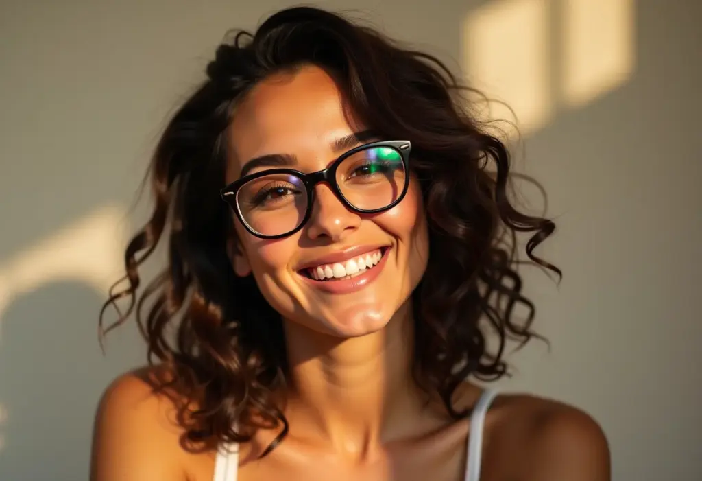 Mulher sorrindo com óculos e cabelo solto